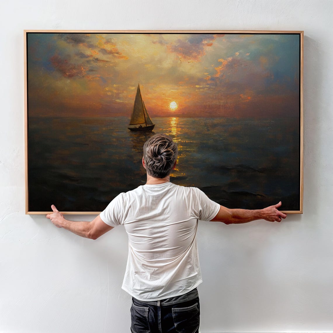 Lone Sailboat at Sunset over Golden Hour Ocean Seascape Wall Art - Image 4