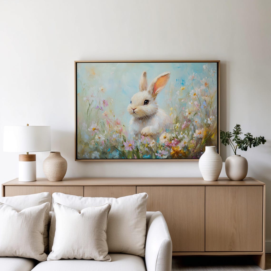 Sweet White Bunny Among Soft Pastel Wildflowers Spring Art Poster - Image 4