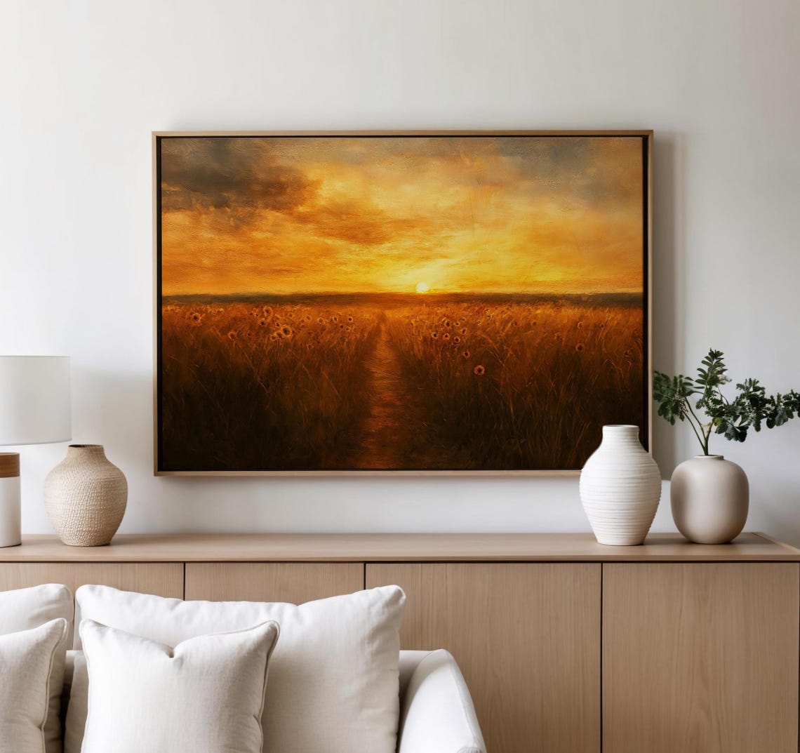 Golden Sunset Glow Over an Endless Sunflower Field Path Poster