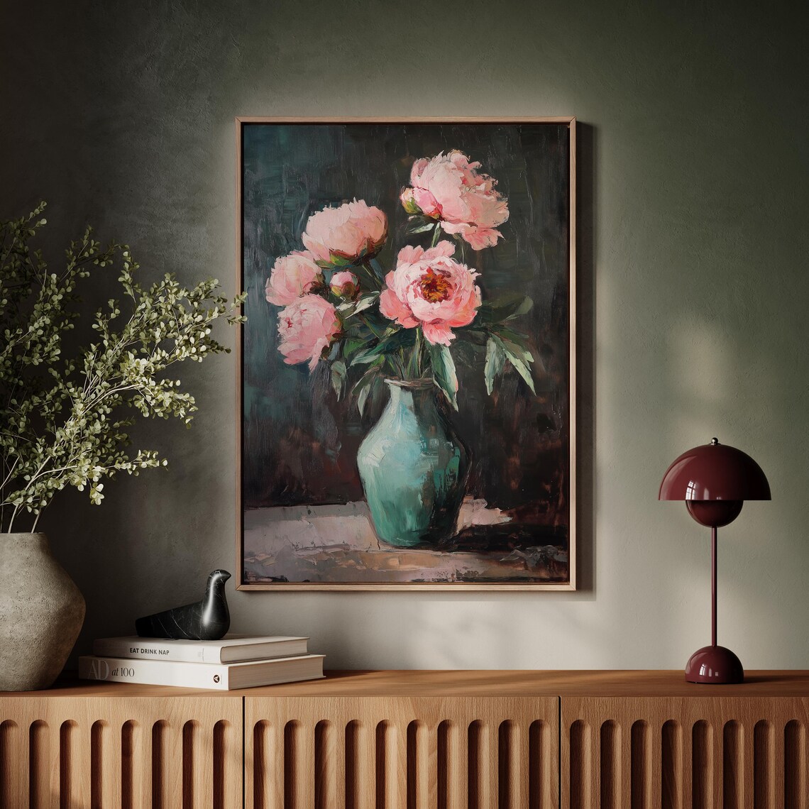 Moody Blush Pink Peonies in Teal Vase Dark Floral Oil Wall Art