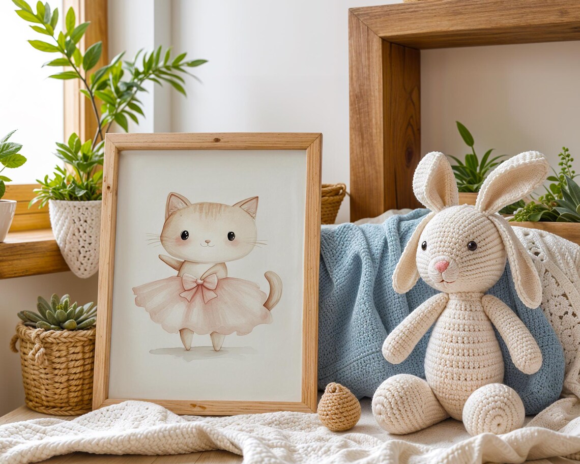 Sweet Dainty Kitten Ballerina with Pink Bow Nursery Art Poster - Image 2
