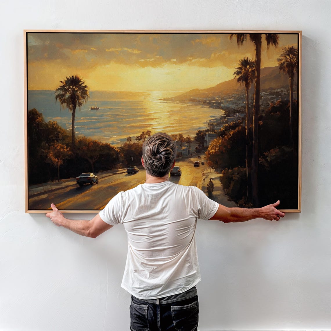 California Coast Sunset Over a Palm Lined Beach Town Scene Poster