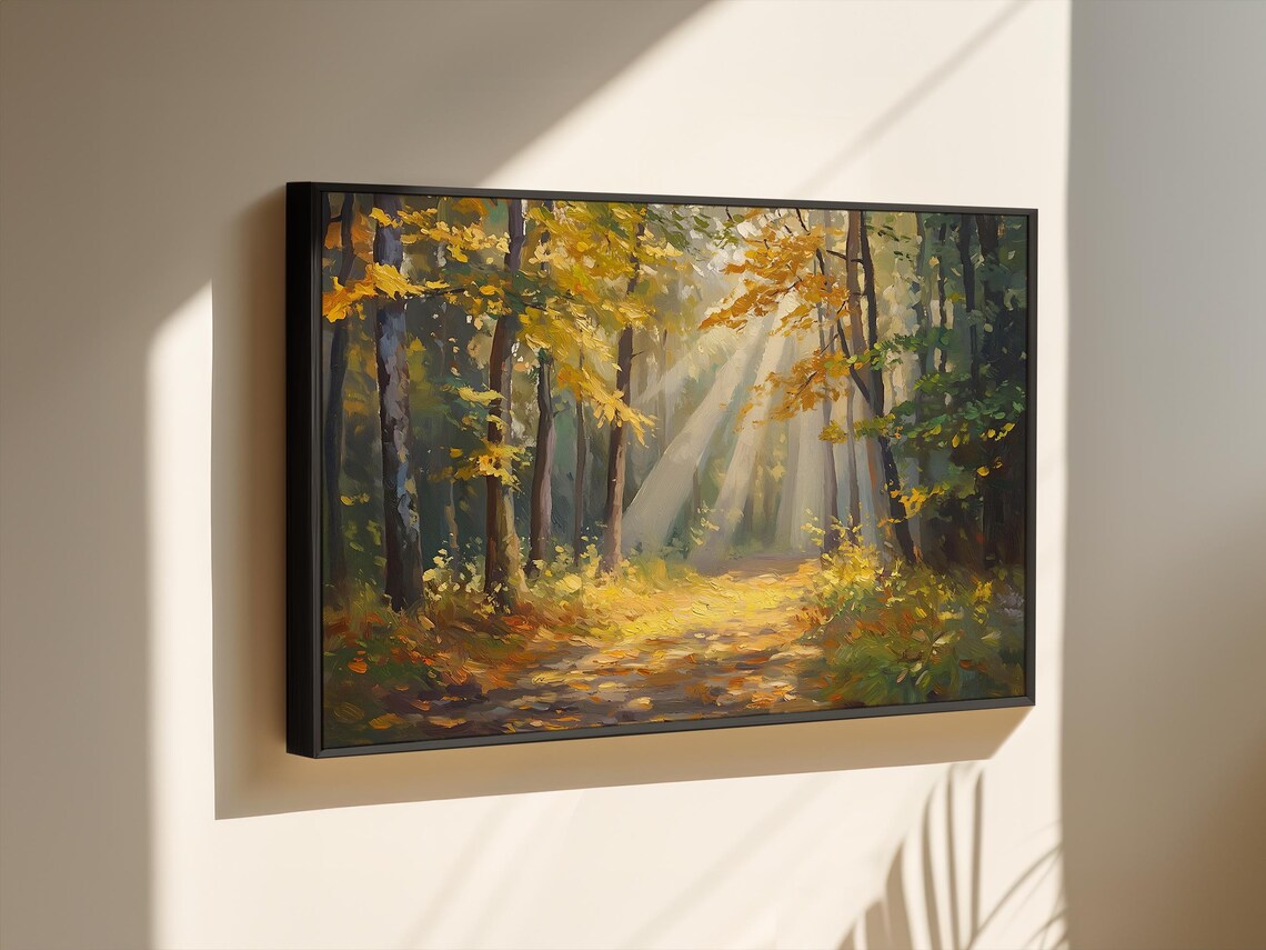 Autumn Forest Path With Golden Sunbeams Oil Painting Art Poster - Image 3