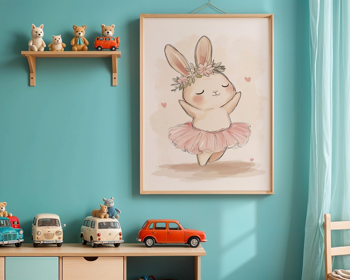 Watercolor Ballerina Bunny Nursery Wall Art Floral Crown Pose - Image 3