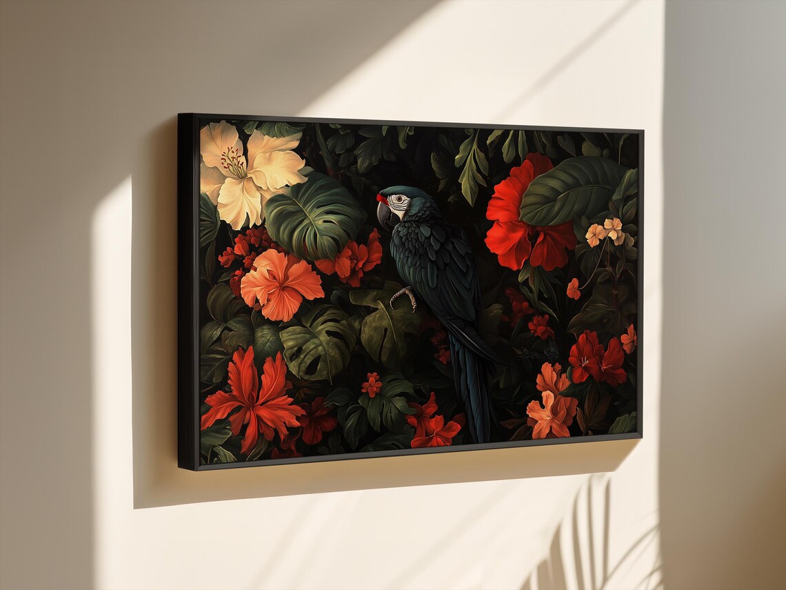 Dark Jungle Macaw Parrot Tropical Hibiscus Flower Art Poster - Image 2
