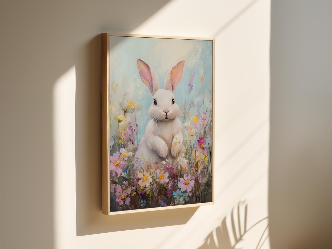 Graceful White Bunny in a Pastel Wildflower Garden Art Poster - Image 2
