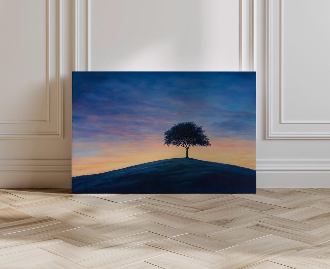 Sunset Tree Wall Art Mountain Hill Wall Decor Countryside Wall Art Nature Painting Art Print Peaceful Scenery Serene Tree Art - Image 2