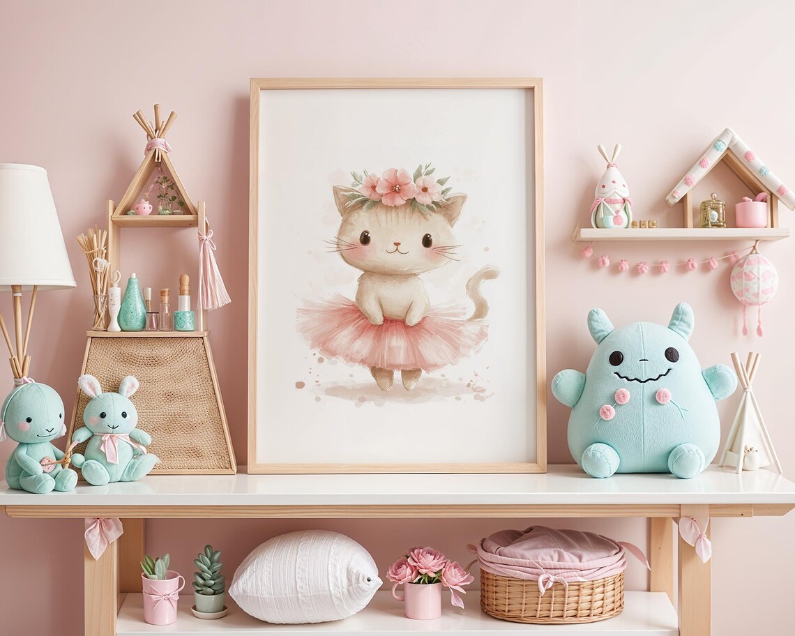 Cheerful Cute Cartoon Cat Ballerina in Pink Tutu Nursery Art Poster - Image 5