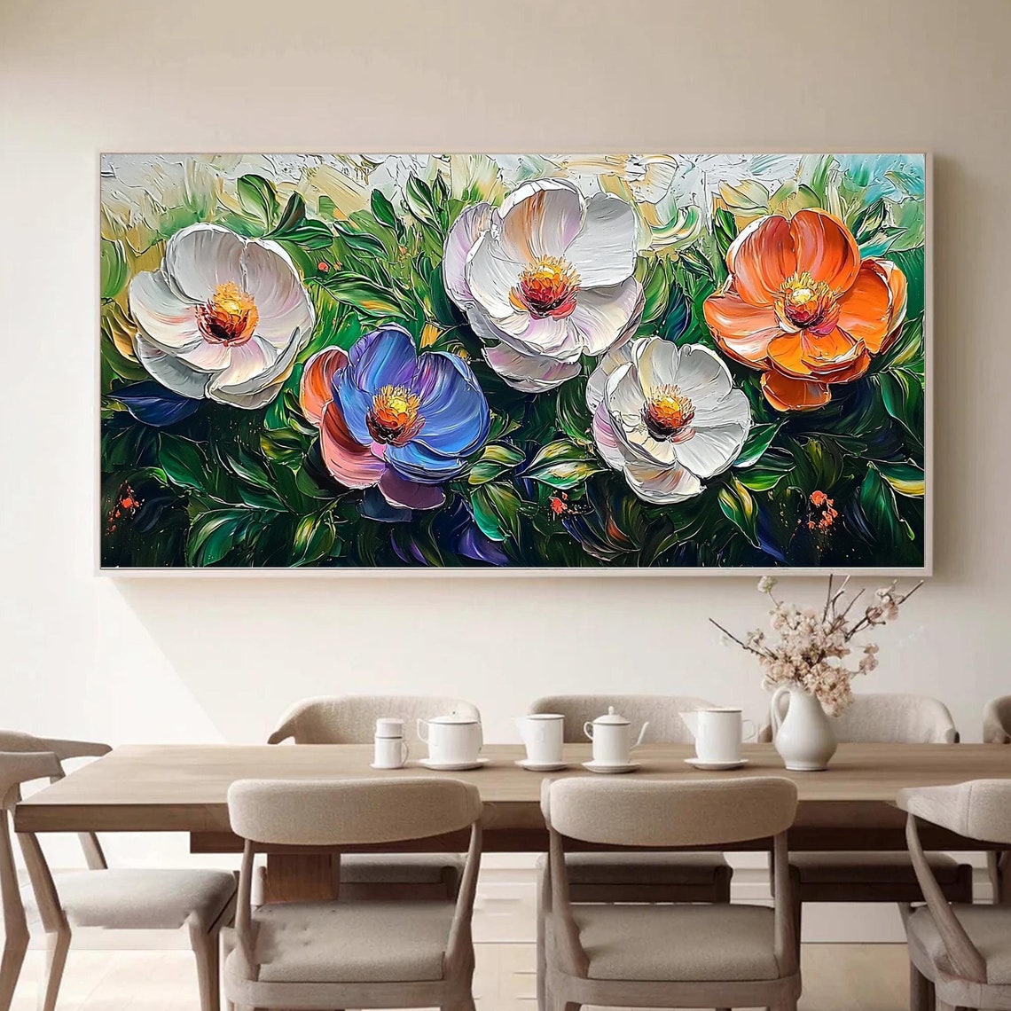 Multicolor Bloom Flowers Standing Over Dark Green Leaves Wall Art