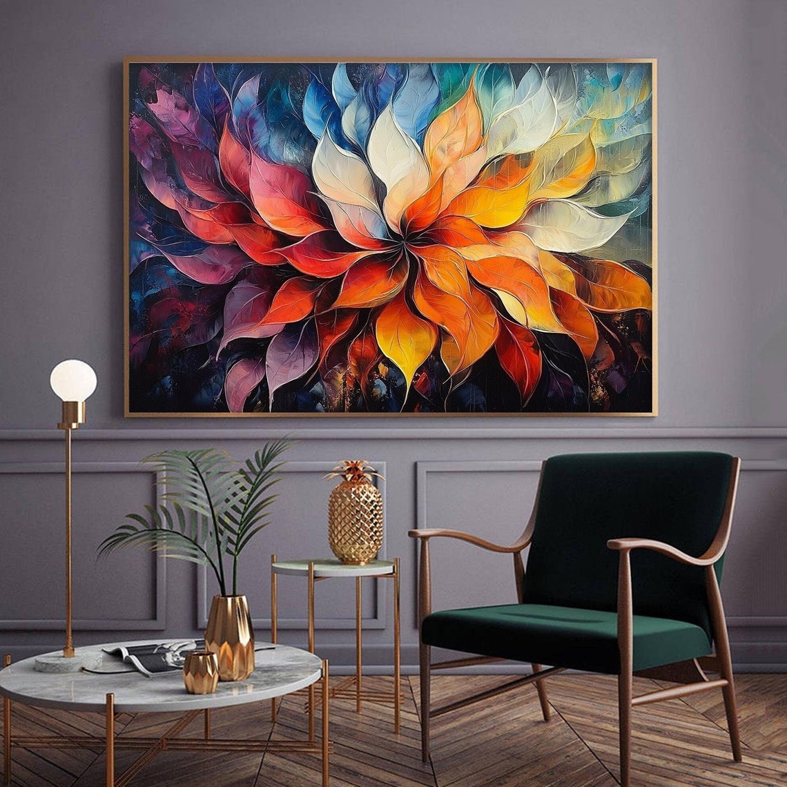 Rainbow Leaf Bloom Burst Radiating on Dark Abstract Floral Wall Art - Image 5