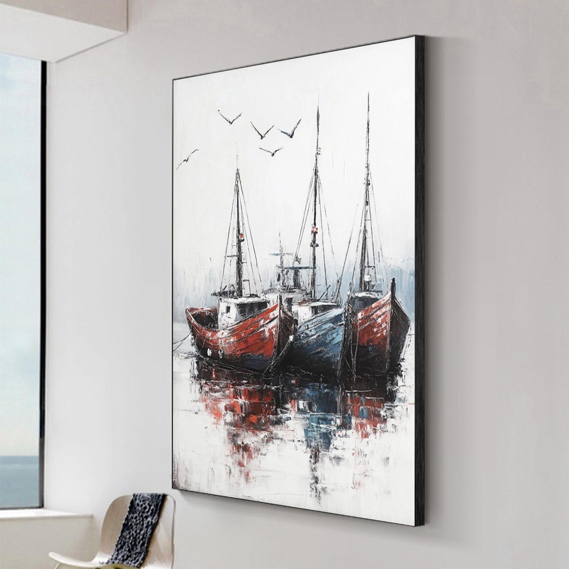 Impressionist Seascape Sailing Ship Painting Original Hand Painted Fishing Boat Oil Painting Abstract Acrylic Painting Livingroom Wall Decor - Image 2