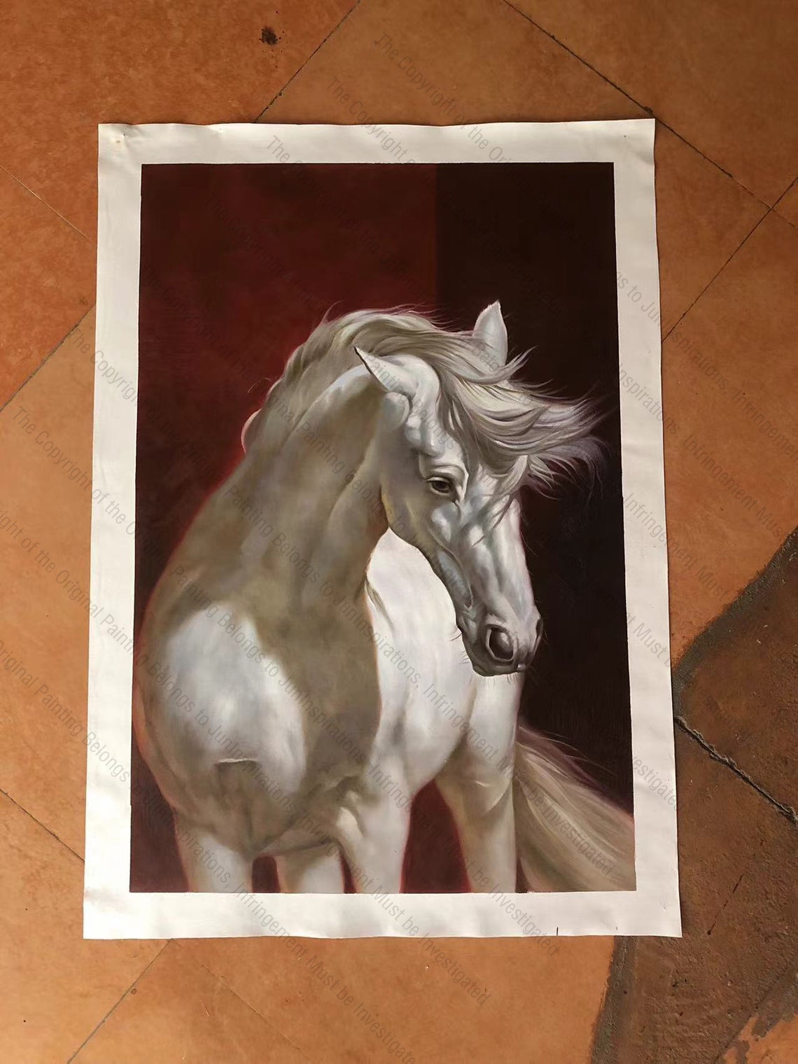 White Horse Portrait On Dark Red Oil Painting Equestrian Poster - Image 2