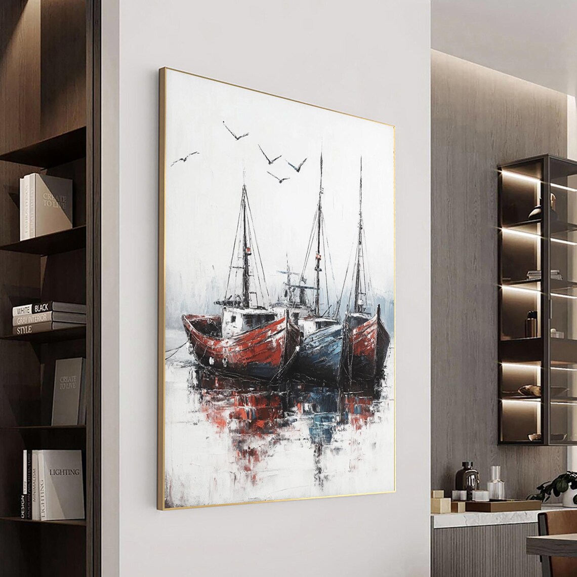 Red Fishing Boats Harbor Gray Sketch Style Nautical Vintage Poster - Image 3