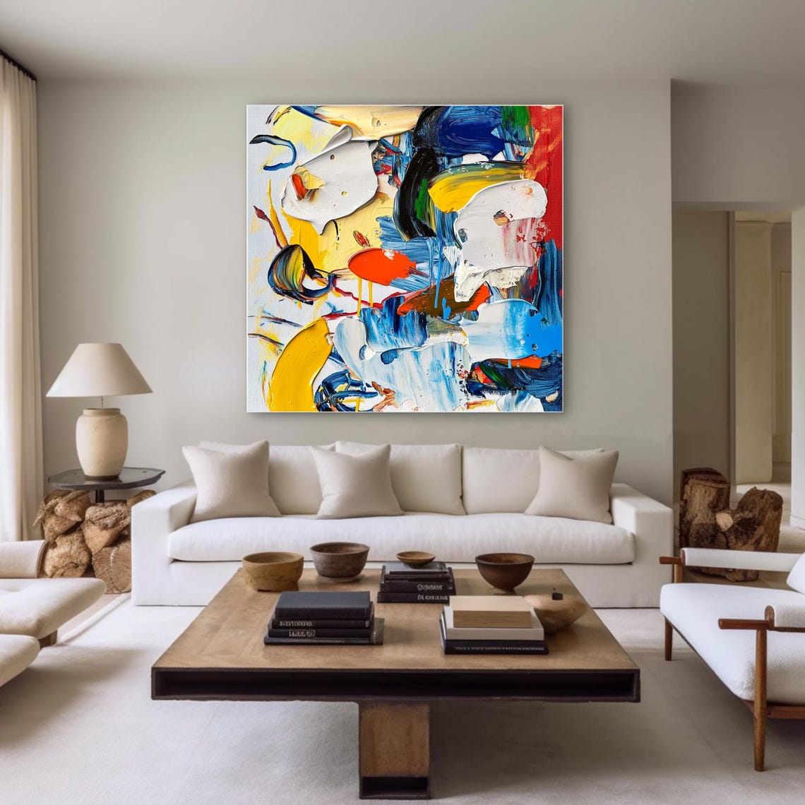 Vibrant Abstract Impasto Yellow Blue Red Bold Painterly Art Poster - Image 2