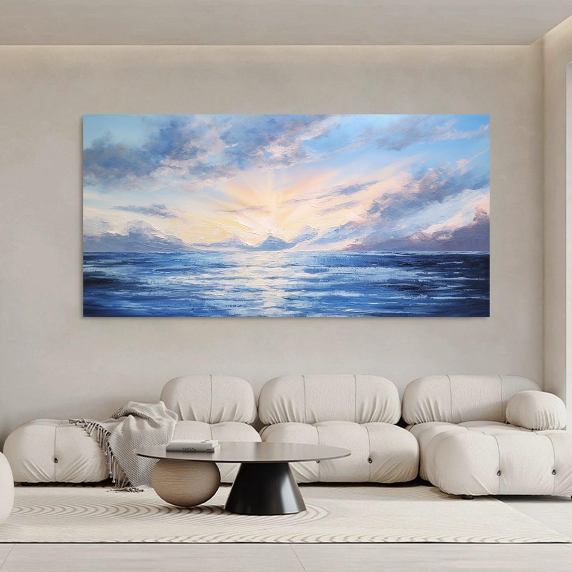 Large Original Blue Sea Oil Painting On Abstract Sunset Ocean Landscape Painting Blue Sea Acrylic Painting Living Room Wall Art Decor - Image 2