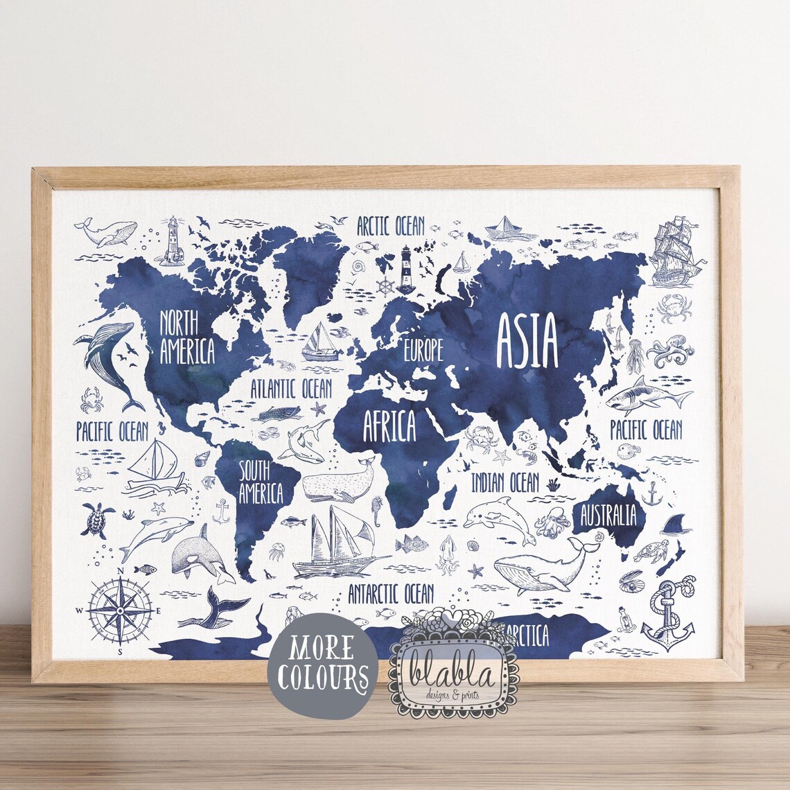 Kids World Map, Nautical Nursery Watercolor Art Print