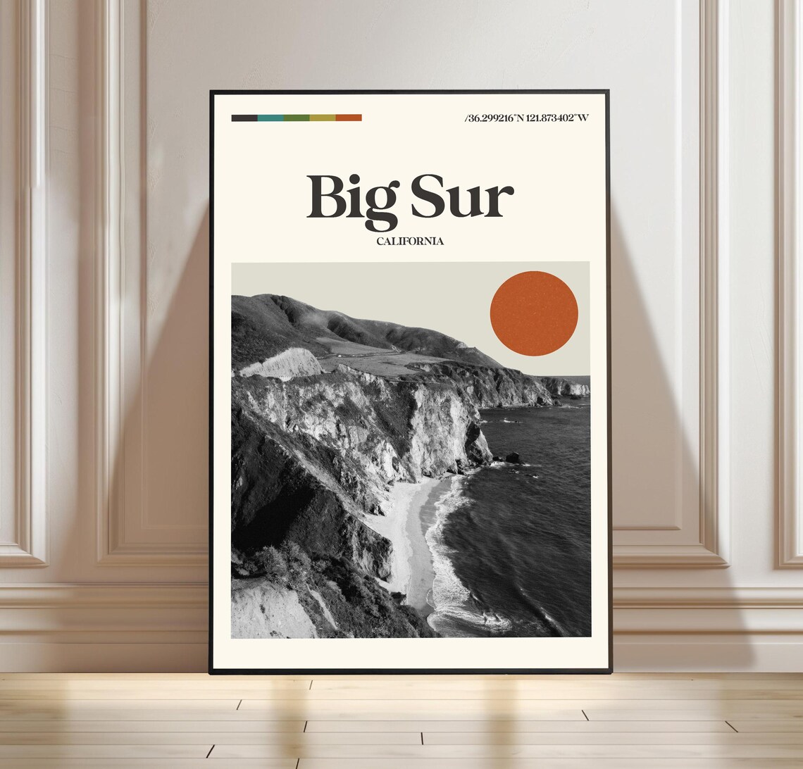 Big Sur California Cliffs Beach Cove Red Sun Vintage Travel Poster