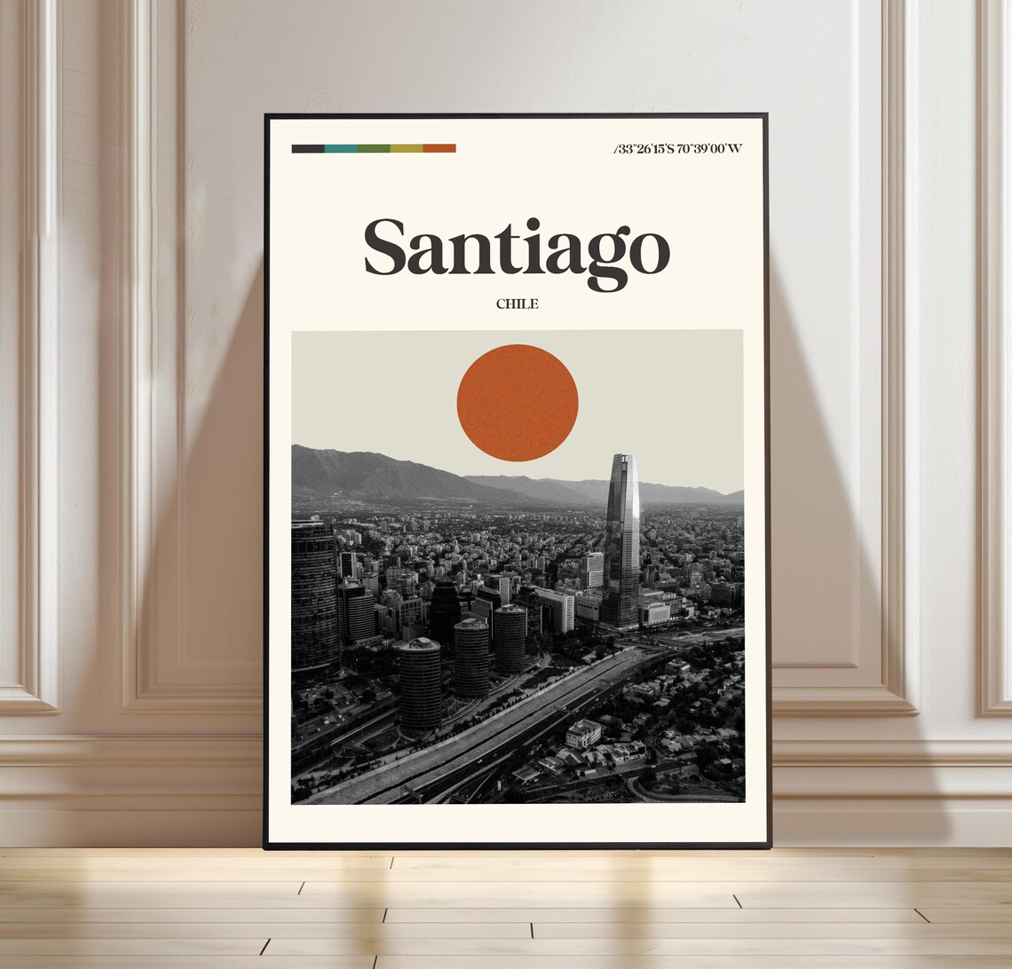 Santiago Chile City Skyline With Andes Sunset Retro Travel Poster