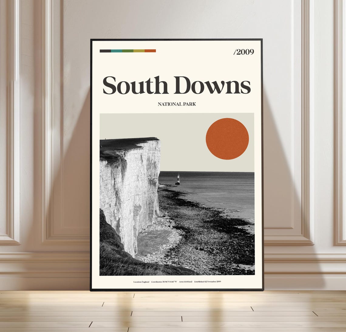 South Downs National Park Poster Chalk Cliffs Lighthouse Coastal Art