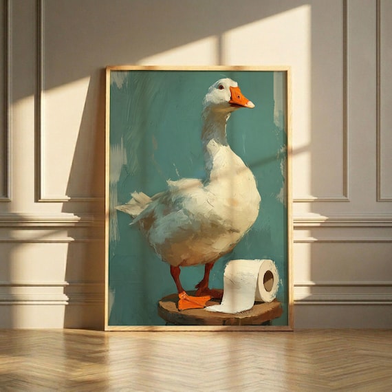 Goose Toilet Paper Oil Painting Print Quirky Animal Bathroom Wall Art Digital Download