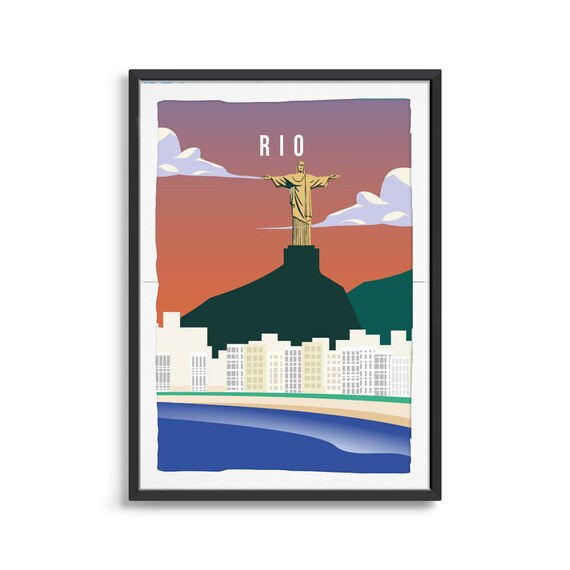 Rio Christ The Redeemer Beach Skyline Vintage Brazil Travel Poster