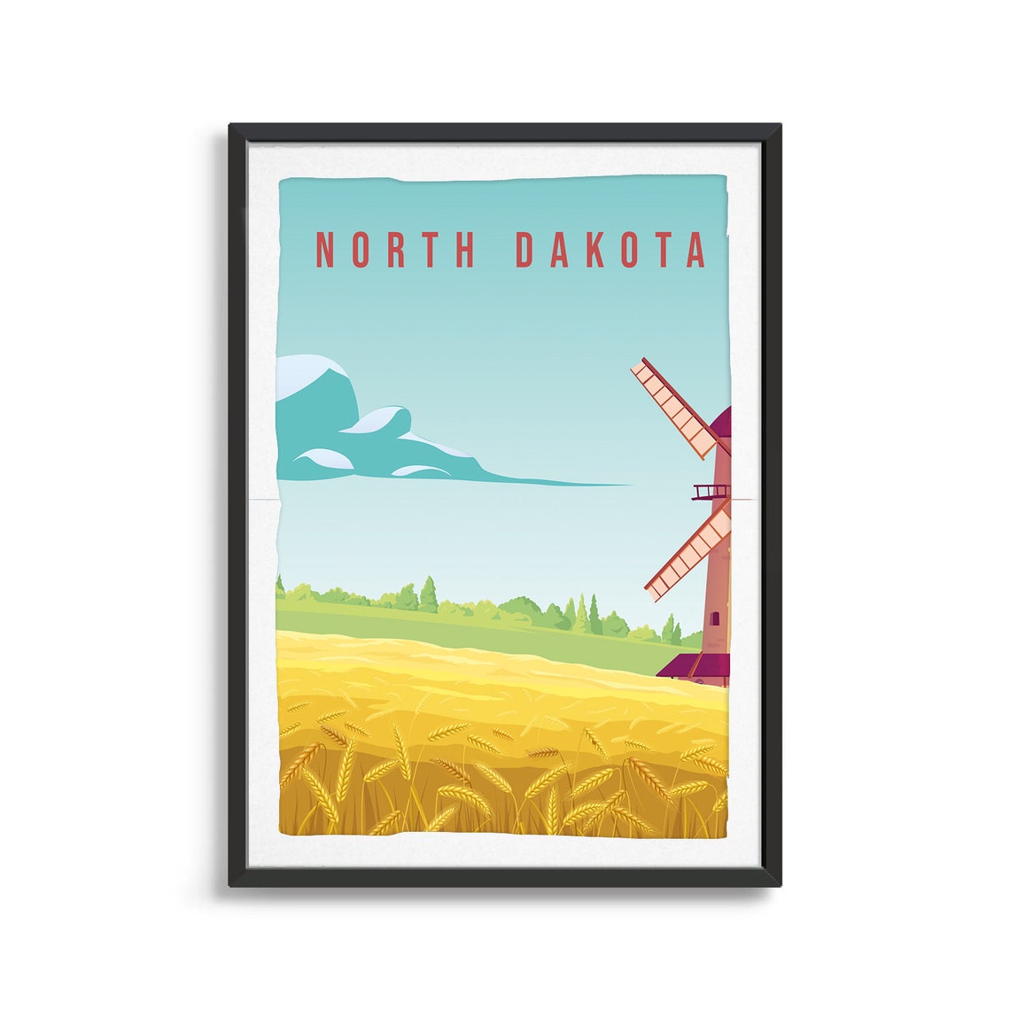 North Dakota Wheat Field Windmill Farm Scenery Travel Art Poster