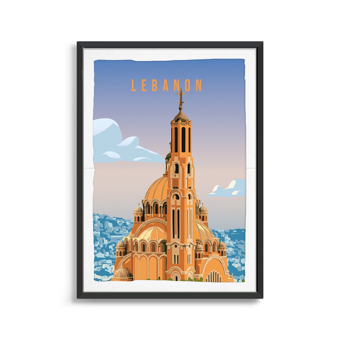 Lebanon Basilica Travel Poster Golden Domed Church Architecture Art