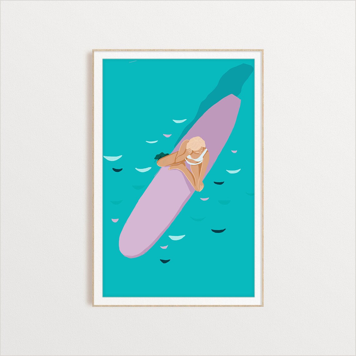 Aerial Surfer Woman Poster With Lavender Surfboard Turquoise Sea Art - Image 2