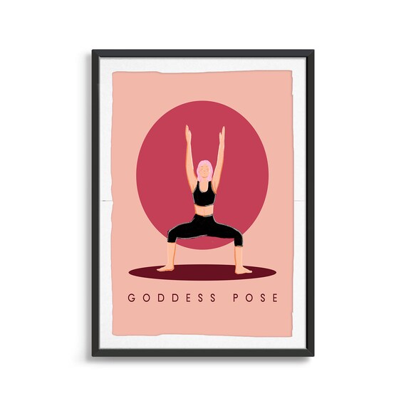 Goddess Pose Retro Yoga Standing Pose Sun Circle Flat Illustration Print