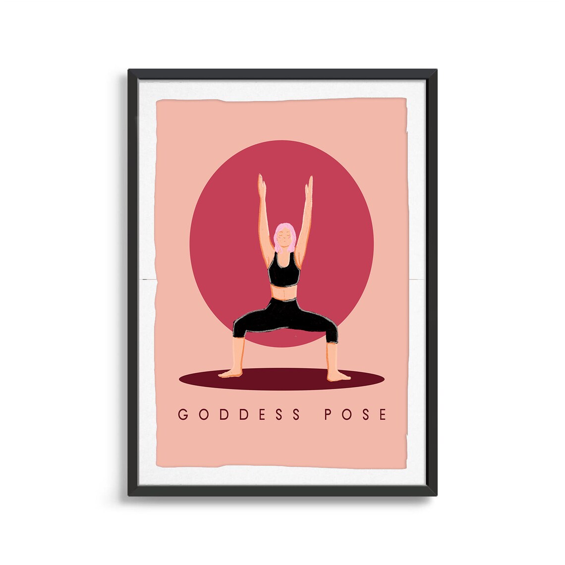 Goddess Pose Retro Yoga Standing Pose Sun Circle Flat Illustration Print