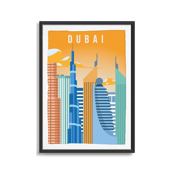 Dubai Modern Skyscrapers Tower Orange Sky Vintage UAE Travel Poster