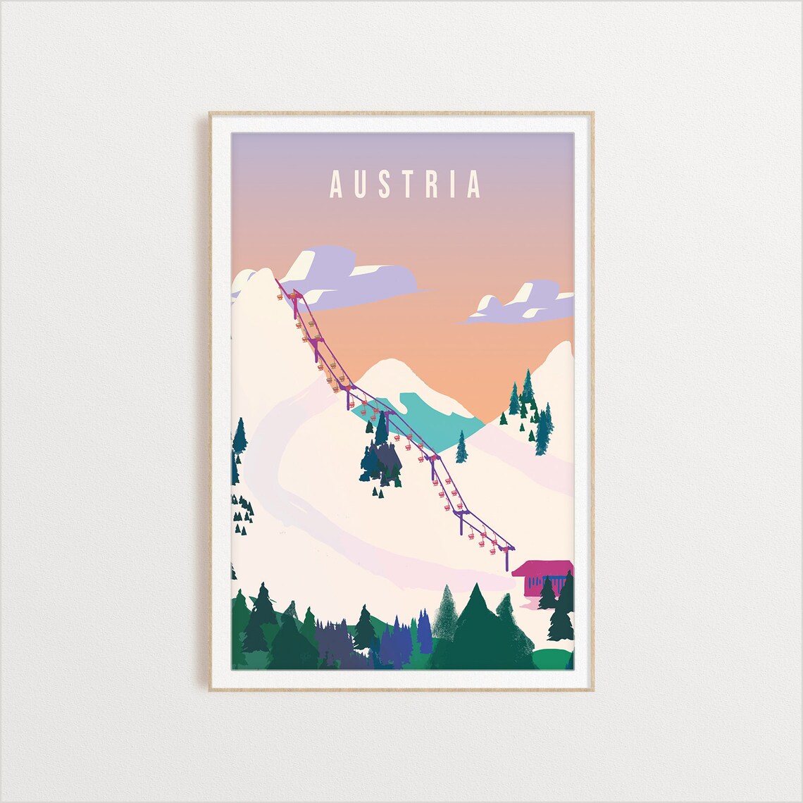 Austria Ski Resort Travel Poster Alpine Slopes Chairlift Snow Art