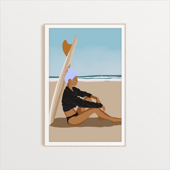 Surfer Girl Resting on Her Board, Ocean Art Print