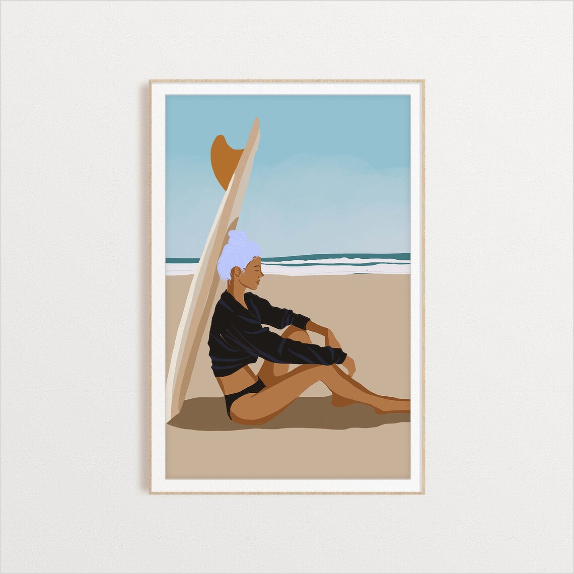 Surfer Girl Resting on Her Board, Ocean Art Print
