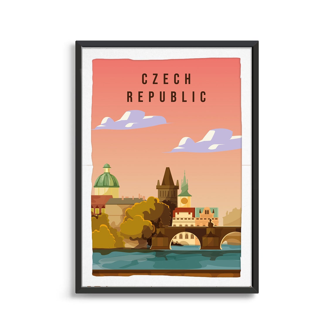 Czech Republic Prague Travel Poster With Charles Bridge Sunset Art