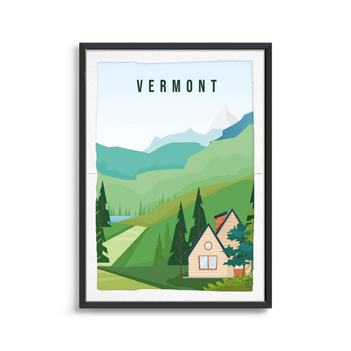 Vermont Mountain Cabin Travel Poster Green Valley Chalet Art Scene