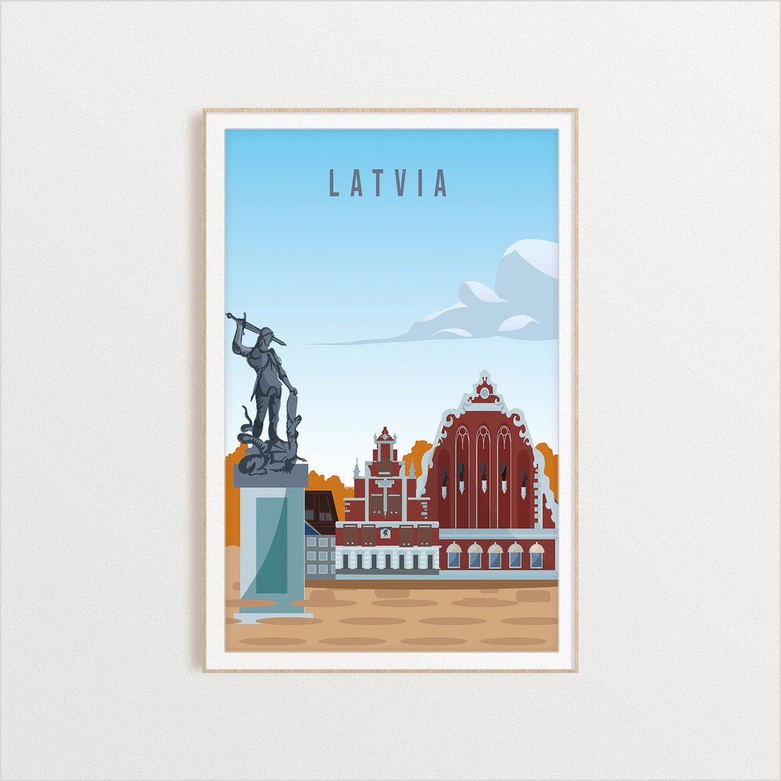 Latvia Vintage Travel Art Riga Old Town Square Statue Poster