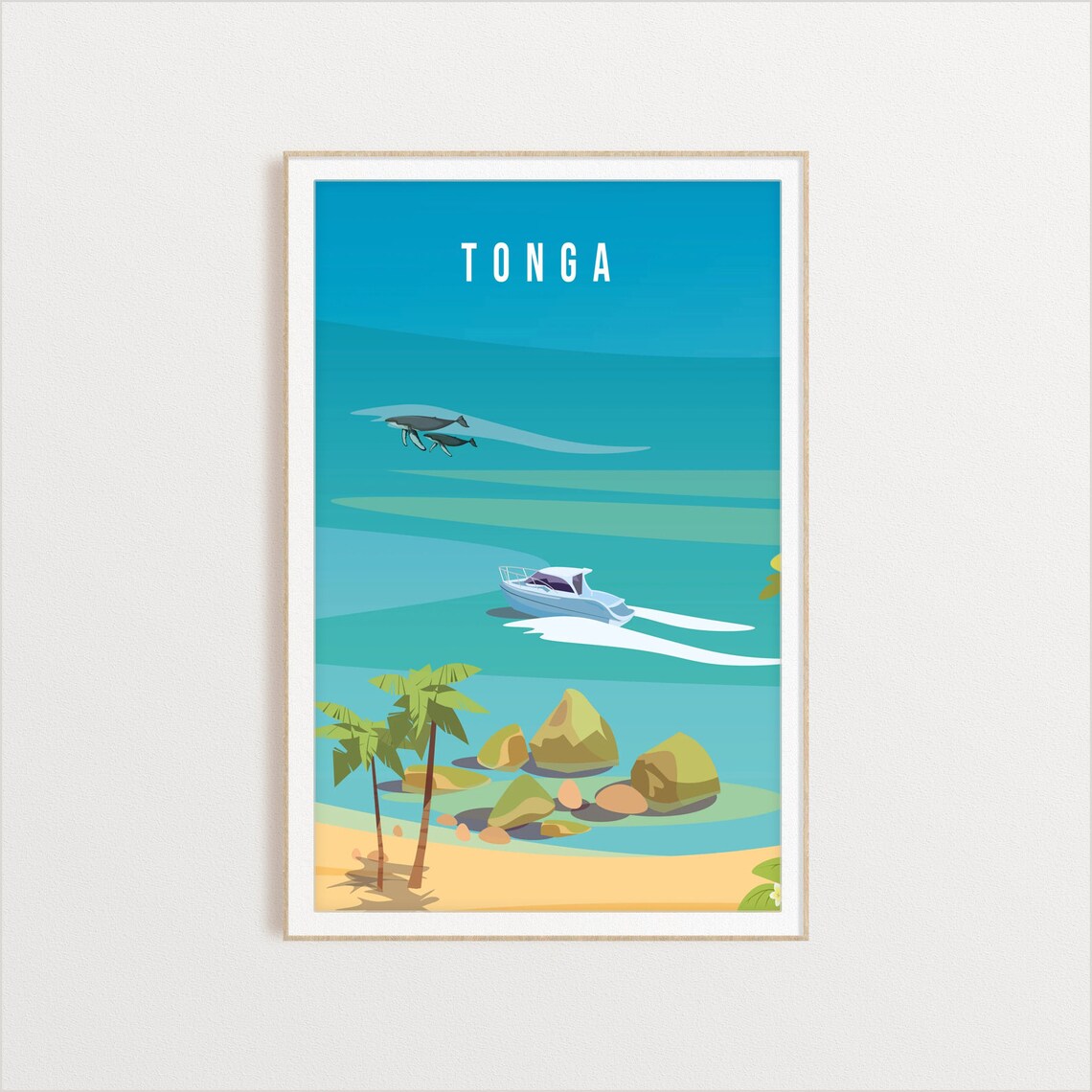 Minimalist Tonga Beach Boat Whales Tropical Sea Travel Souvenir Poster