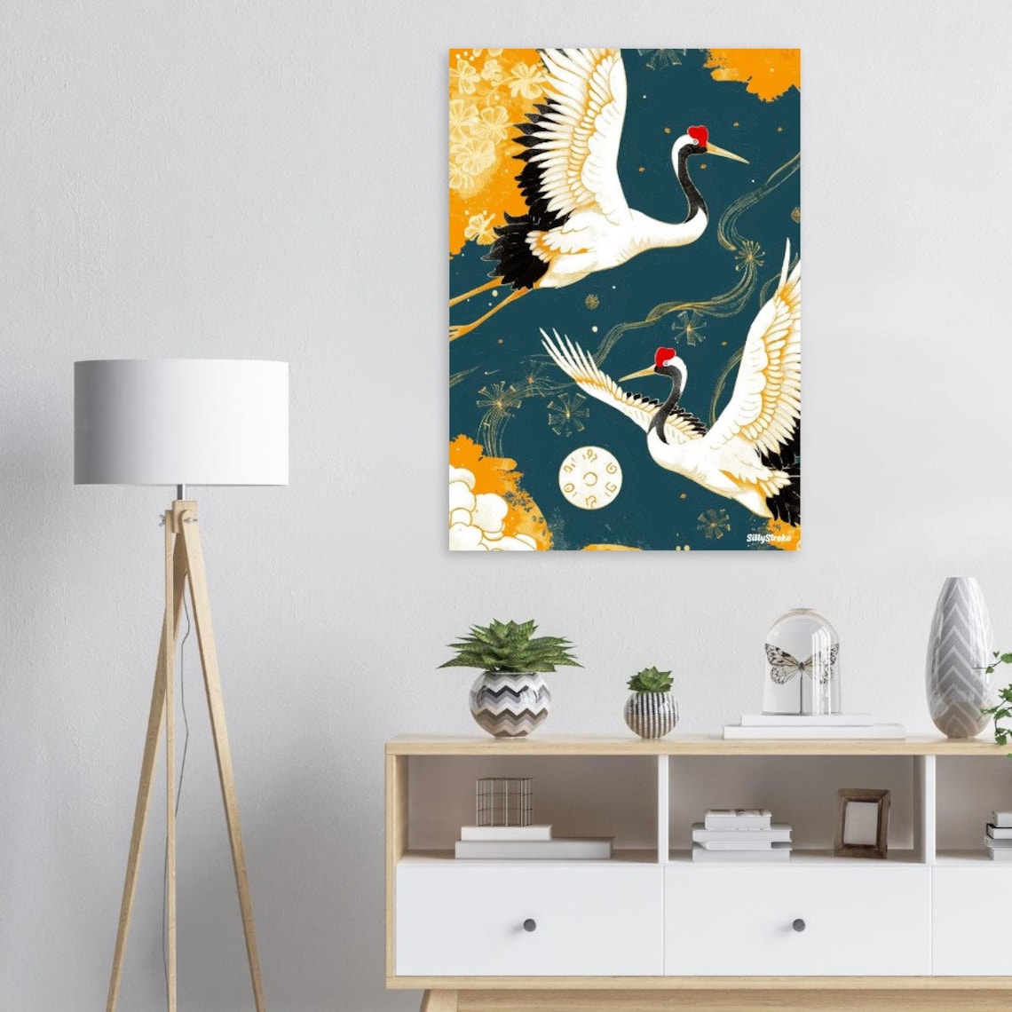 Red Crowned Cranes In Flight Elegant Teal And Gold Nature Poster