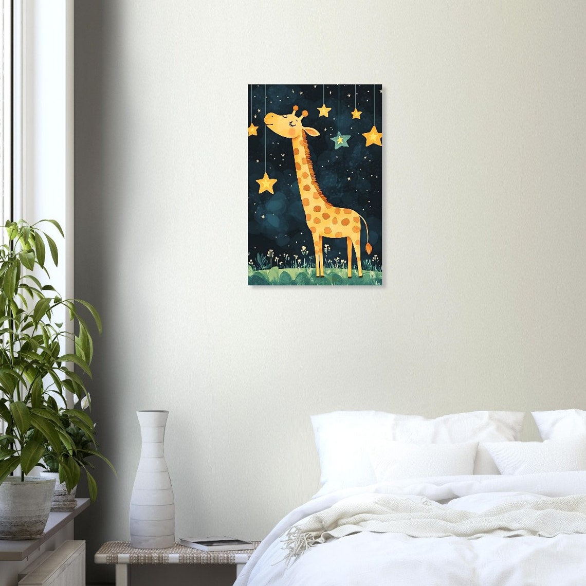 Dreamy Giraffe Under Hanging Stars Night Sky Nursery Art Poster - Image 2