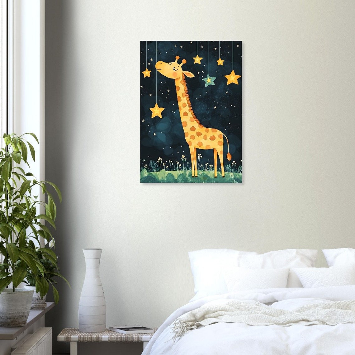 Dreamy Giraffe Under Hanging Stars Night Sky Nursery Art Poster