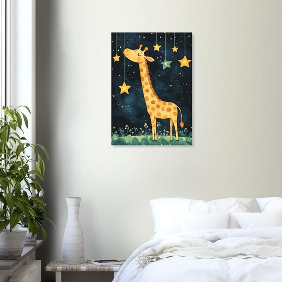 Dreamy Giraffe Under Hanging Stars Night Sky Nursery Art Poster