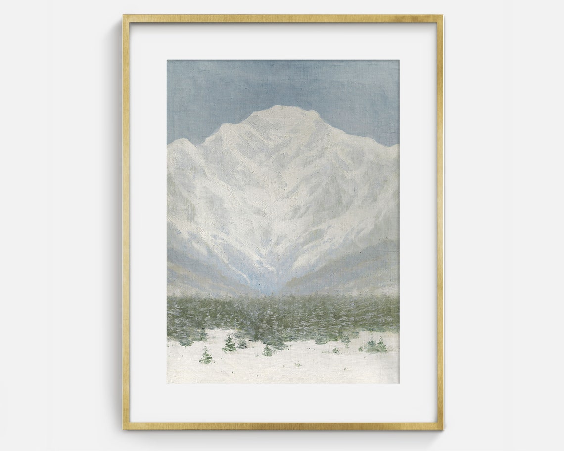 Snow Capped Winter Mountain Evergreen Forest Vintage Art Print - Image 2