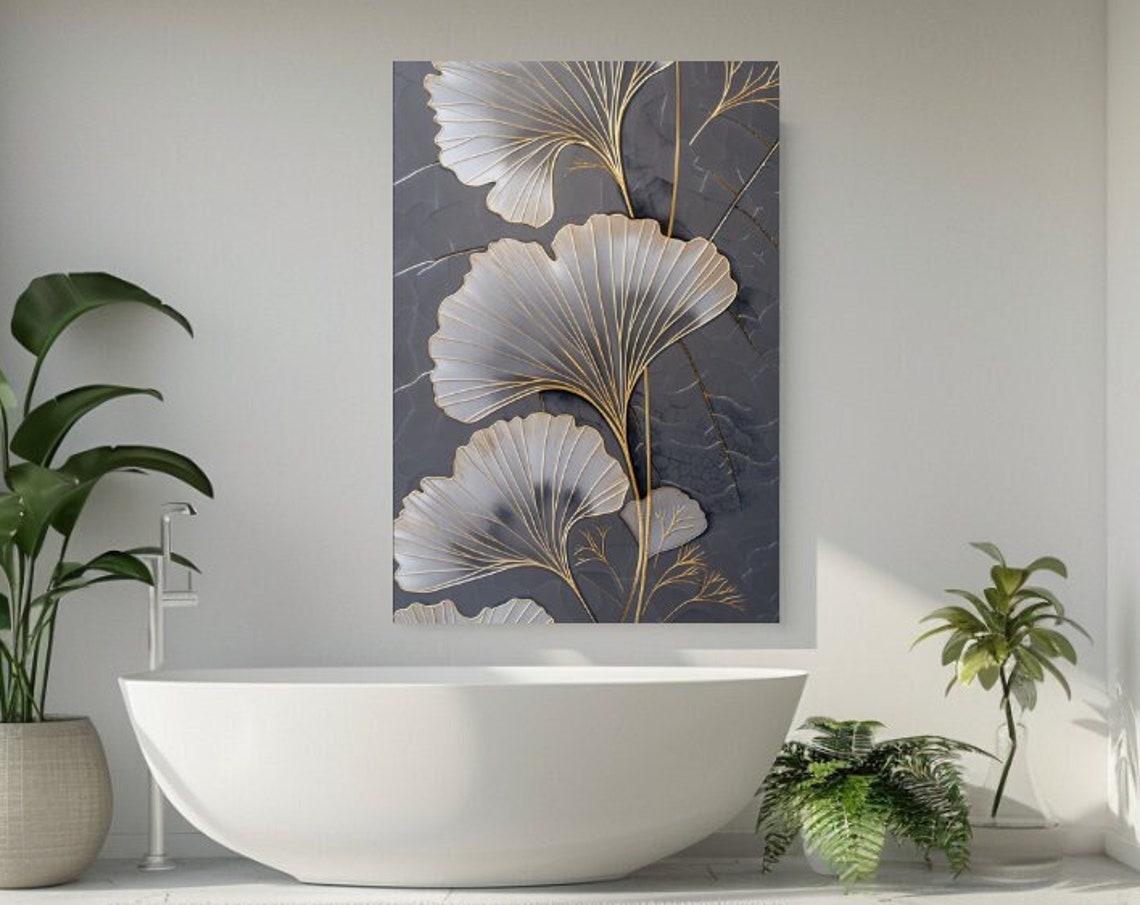 Silver Ginkgo Leaves Gold Linework on Dark Marble Art Deco Wall Poster