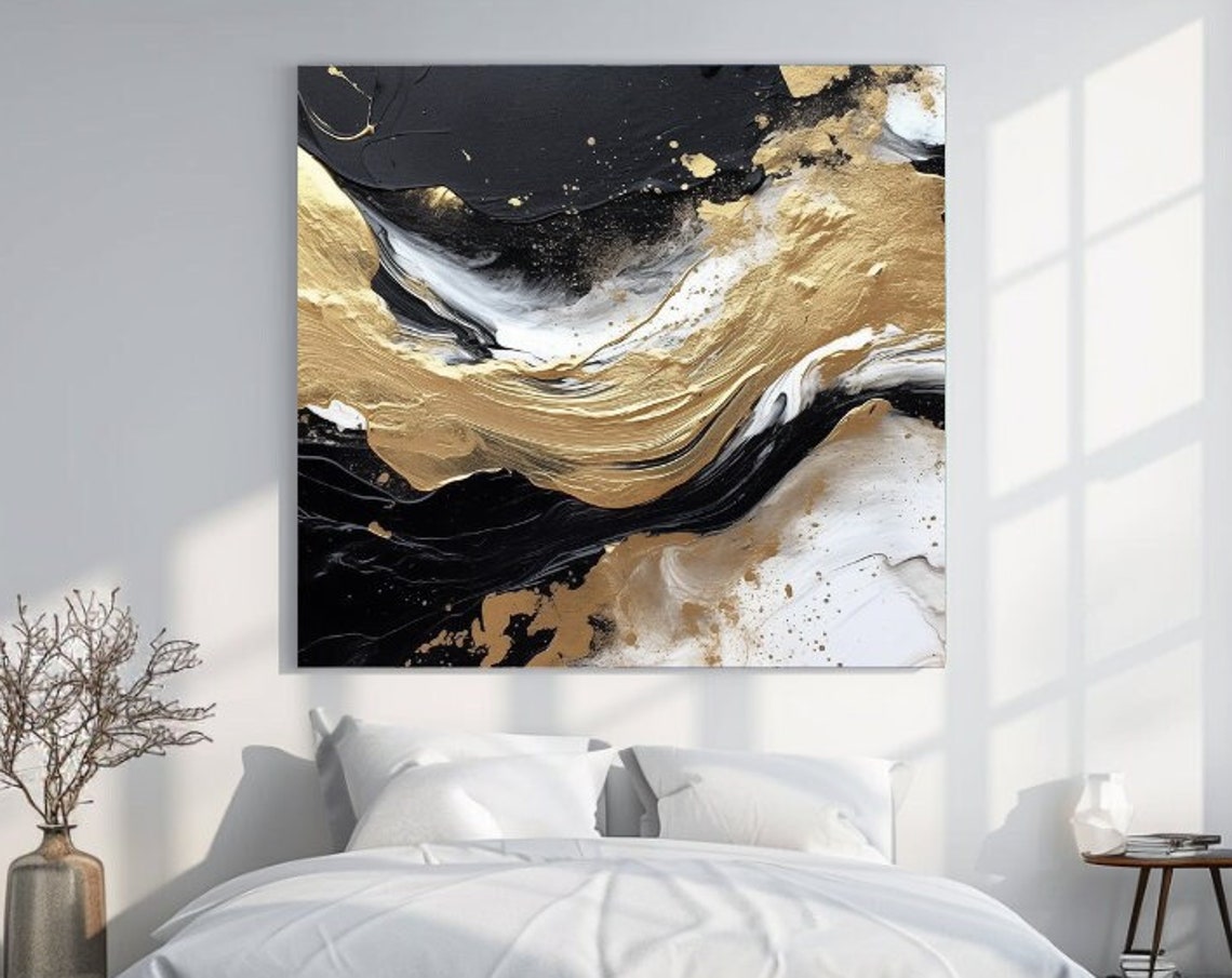 Black White Gold Marble Flow Abstract Luxury Modern Wall Art Poster
