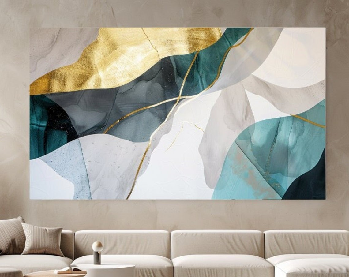 Teal Gold White Marble Swirl Abstract Fluid Art Modern Wall Poster
