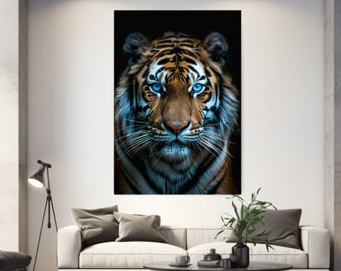 Tiger With Striking Blue Eyes Dramatic Wildlife Portrait Wall Poster