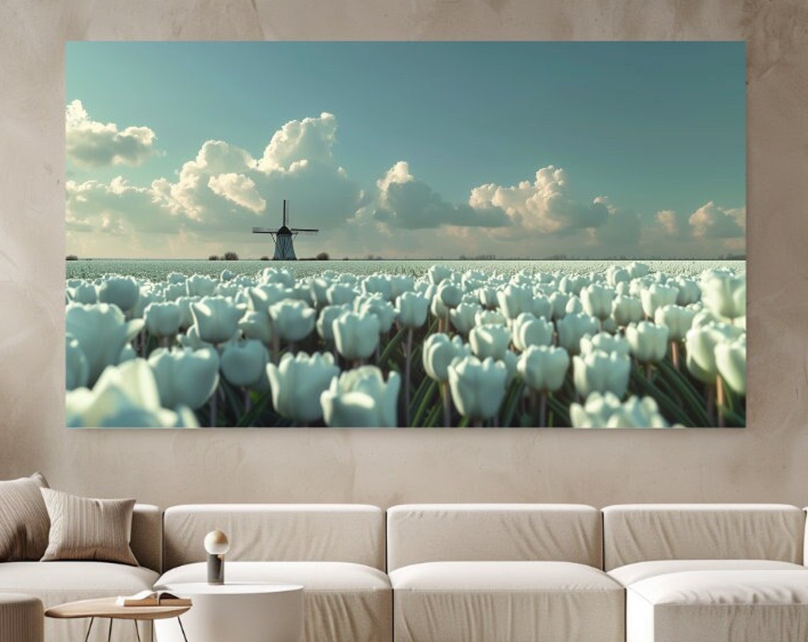 Netherlands White Tulip Field Windmill Blue Sky Flower Farm Poster