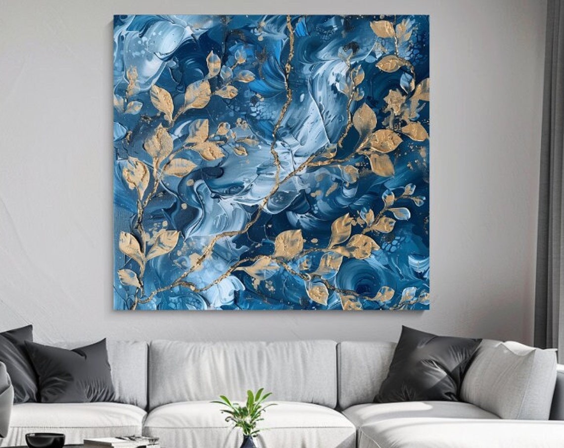 Deep Blue And Gold Leaf Winding Branches Abstract Luxury Wall Art