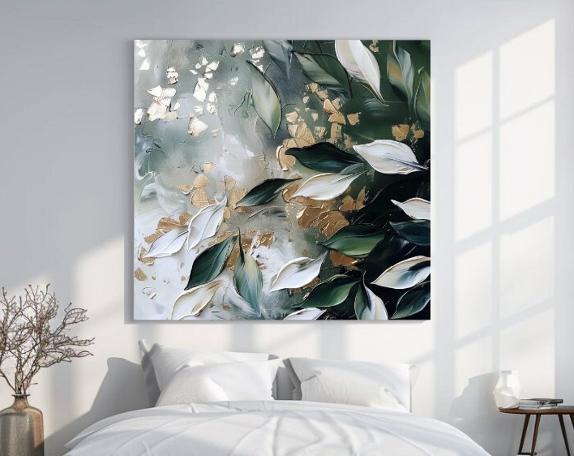 Serene Green White Gold Leaves Abstract Botanical Luxury Wall Art